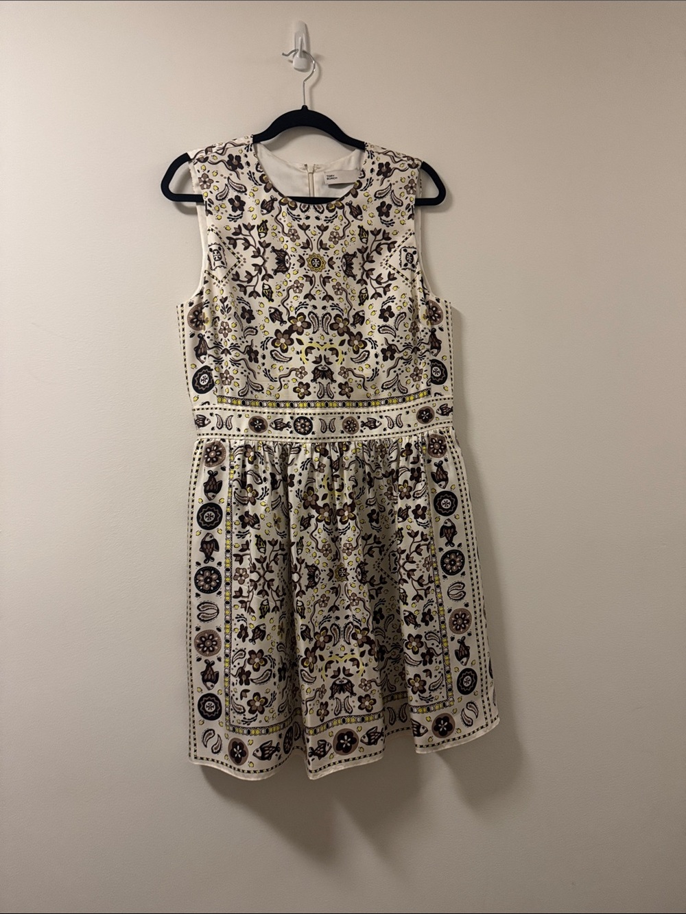 Tory Burch Cream Dress with Black and Yellow Floral Print